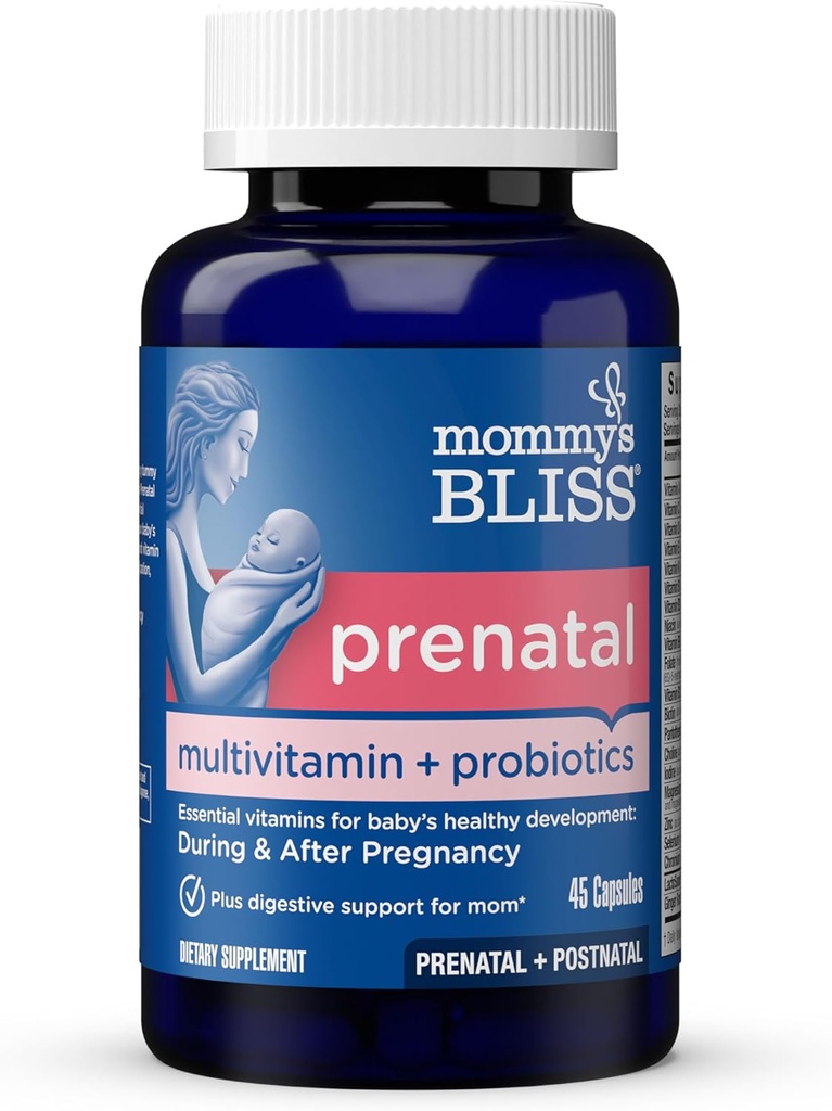 Mommy's Bliss Prenatal Multivitamin + 女性 w/ Folic 酸のためのプロバイオティック, 赤ちゃんの開発をサポート & ママの消化 w/ 亜鉛, ビタミン B6 & B12, ジンジャー & コリン, ビーガン & グルテンフリー (45 サービング)