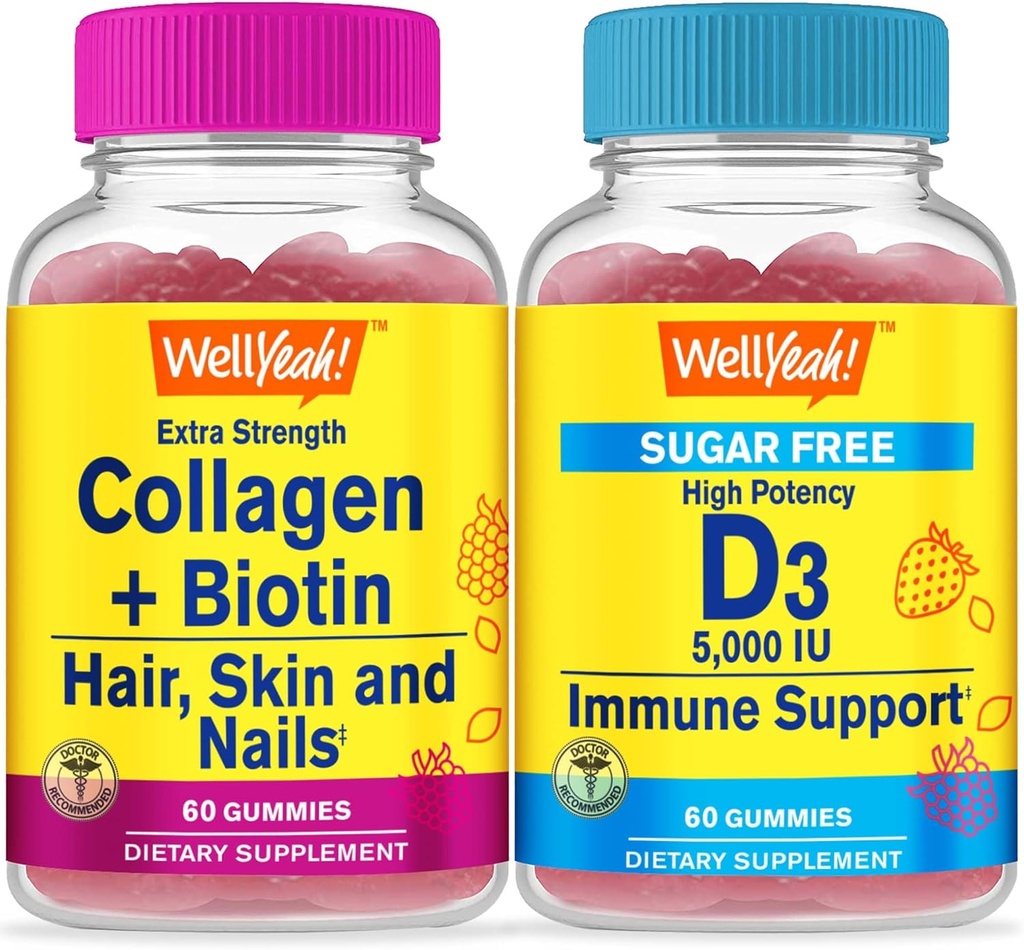 WellYeah Collagen+Biotin +ビタミンD3 5,000 IUシュガーフリー、グミーズバンドル - 偉大なテイスティング、ビタミンサプリメント、グルテンフリー、GMOフリー、Chewable Gummy