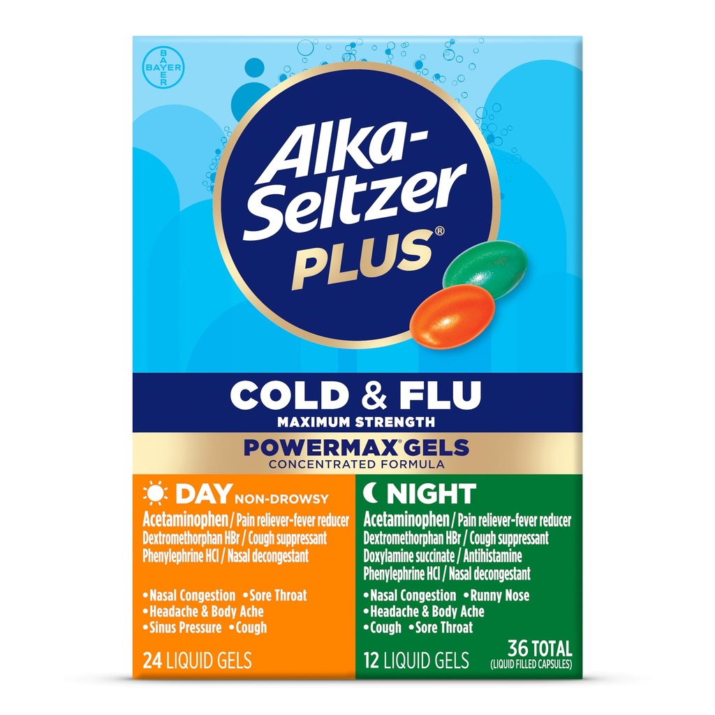 Alka-Seltzerプラスパワーマックス冷間&フルデイ+ナイト薬:大人と子供のための咳抑制剤、冷間およびフルイン薬 12 歳、36 カウント、包装 5 月 Vary
