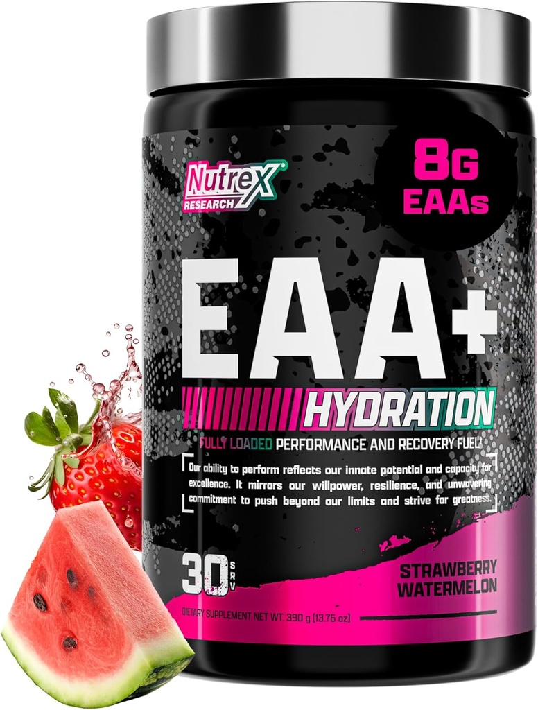 Nutrex Research EAA Hydration | EAAs + BCAA Powder | Muscle Recovery, Strength, Muscle Building, Endurance | 8G Essential Amino Acids + Electrolytes | Strawberry Watermelon 30 Serving