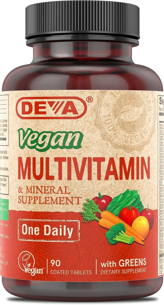 DEVA Vegan Multivitamin and Mineral Supplement - Once-Per-Day Formula with Greens - Vitamins A, C, D, E, B Complex, High-Potency Formulation for Daily Health and Wellness- 90 Coated Tablets, 1-Pack