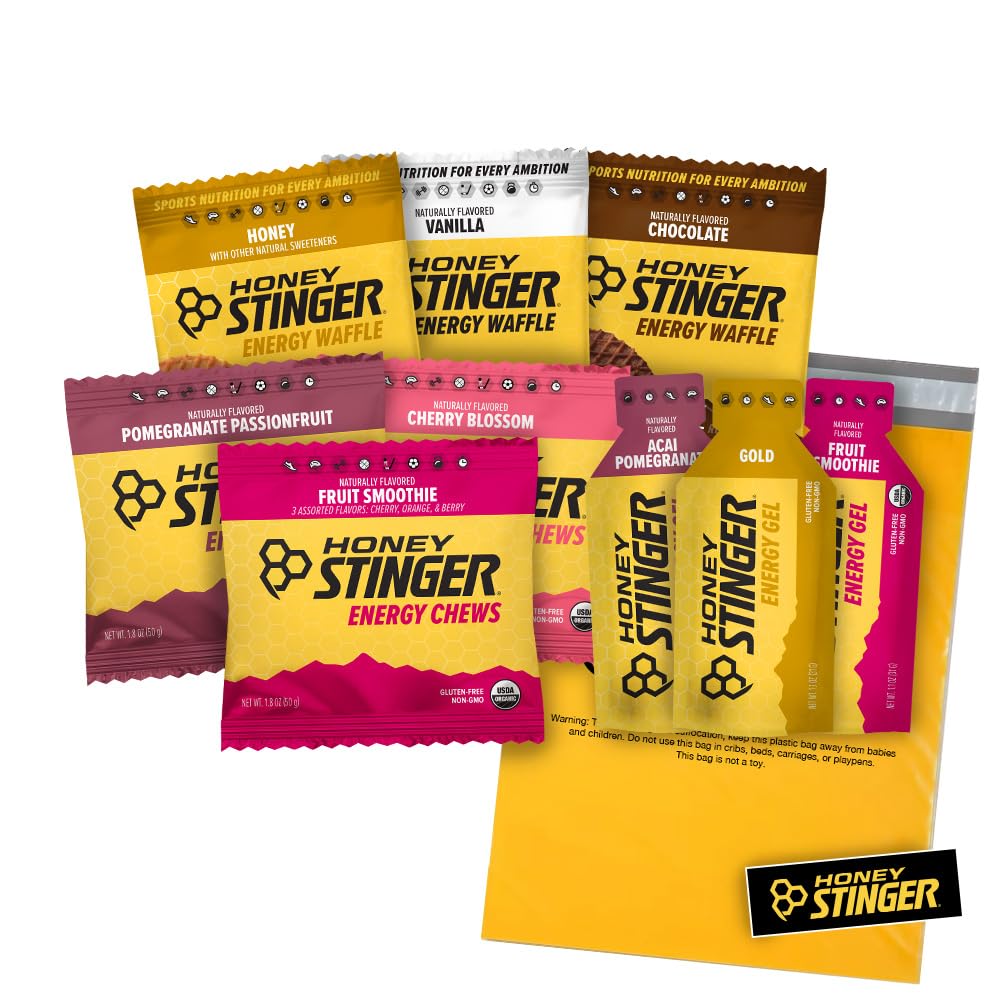 Honey Stinger Training Kit – 9 Count Plus Sticker and Polybag – Energy Source for Any Activity – 3 Organic Waffles, 3 Packs of Energy Chews & 3 Energy Gels