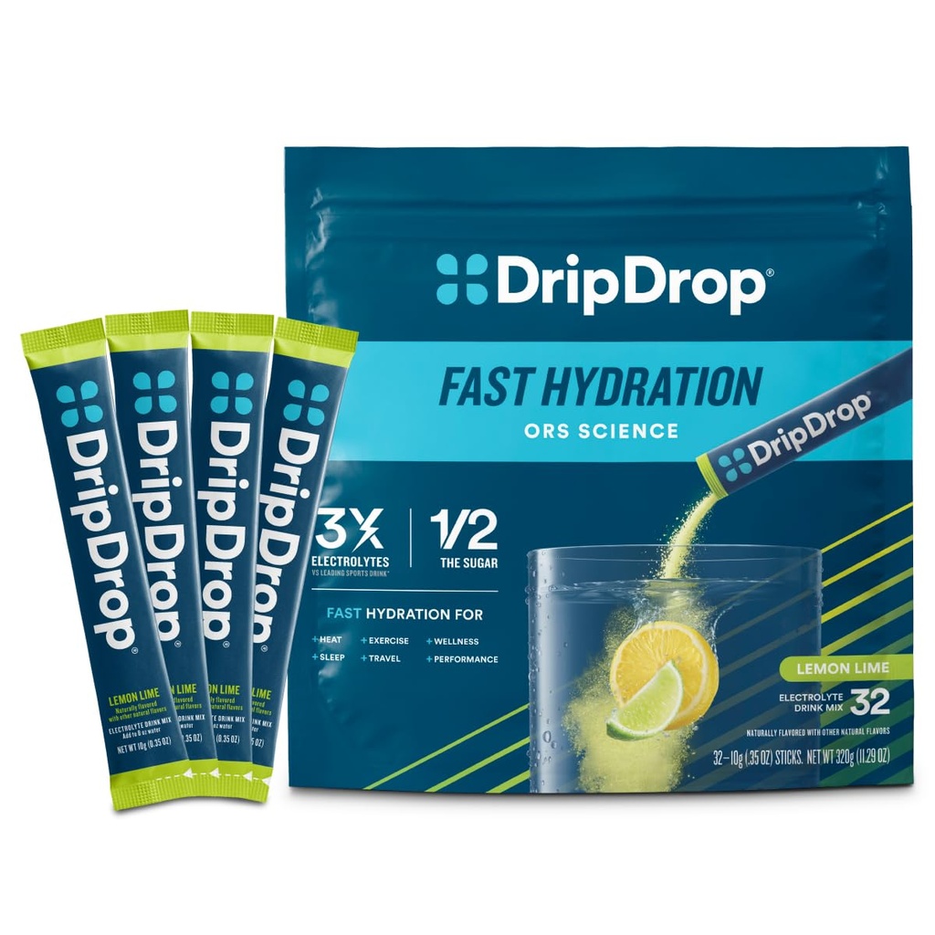 DripDrop Hydration Packets - レモンライム - シングルセルブ電解質パウダードリンクミックス - Non-GMO、グルテンフリー、ビーガン - 32スティック