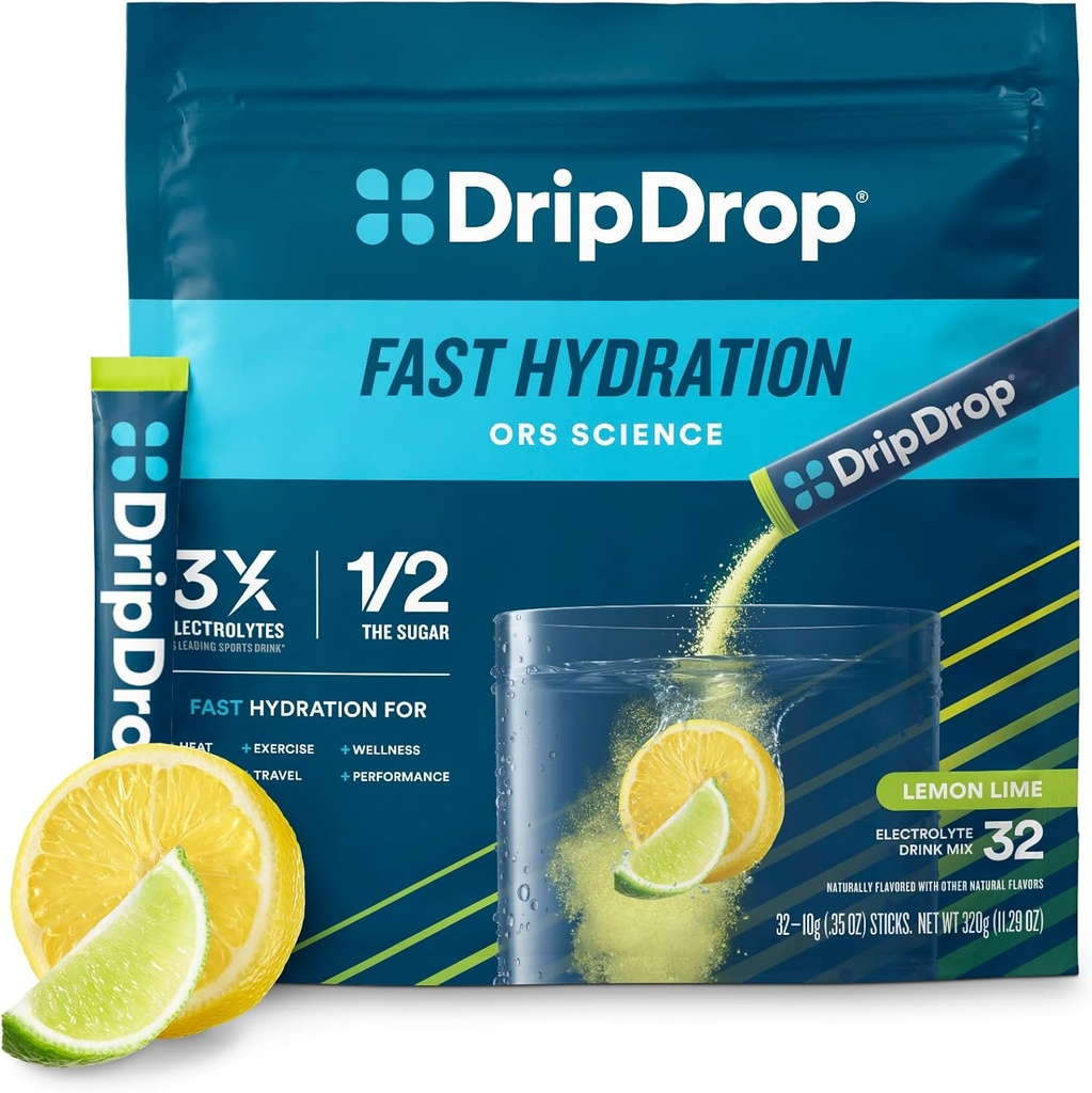DripDrop Hydration Packets - レモンライム - シングルセルブ電解質パウダードリンクミックス - Non-GMO、グルテンフリー、ビーガン - 32スティック