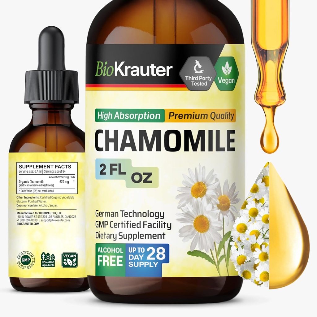 BIO KRAUTER Chamomile 花のチンキ - Chamomile エキス - Apigenin が含まれています - リラックスとカロリーのサポートのためのサプリメント - アルコールと砂糖無料 - ビーガンドロップス 2 Fl.Oz.