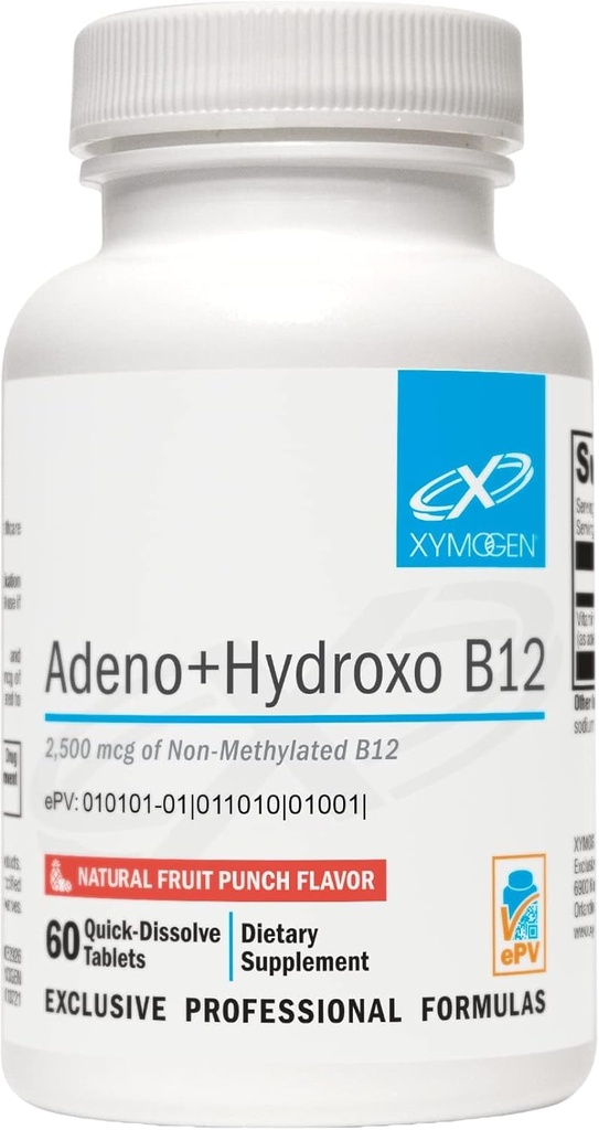 XYMOGEN Adeno+Hydroxo B12 - 非メチル化(2,500mcg) - Adenosylcobalamin B12 + Hydroxocobalamin - 認知サポート、フルーツパンチ味(60錠)