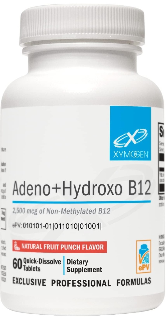 XYMOGEN Adeno+Hydroxo B12 - 非メチル化(2,500mcg) - Adenosylcobalamin B12 + Hydroxocobalamin - 認知サポート、フルーツパンチ味(60錠)