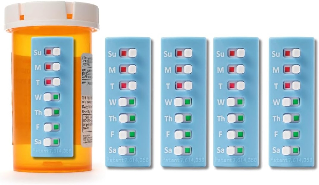 テイク-n-スライドピールとスティック再利用可能な12 +リフィル、ピル/メディケーション/ビタミン/ペットメッドトラッカー&リマインダー、ボトルに取り付け、オーガナイザーフリー、カーブドバック(ブルー、5パック)