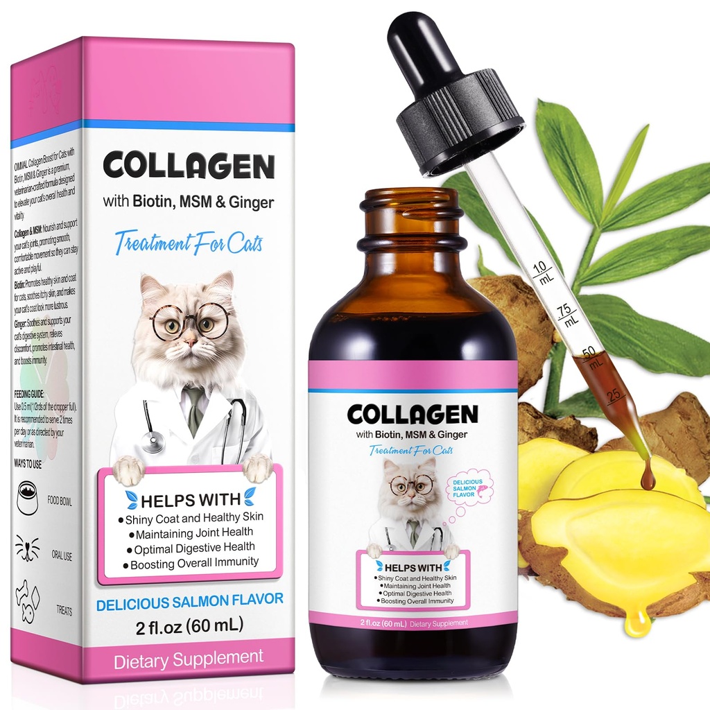猫のためのコラーゲン、猫のコラーゲン液体はBiotin、MSM及びジンジャーDigestive及び免除サポート、イッチの救助、皮及びコートおよび接合箇所の健康、猫の補足60mlが付いている猫のための低下を落ちます