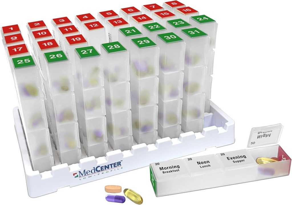 Medcenterの毎月のピル箱のオルガナイザー、ビタミン、補足、薬、31日の丸薬のオルガナイザーのためのコンパートメントが付いている余分大きい31の毎日の丸薬の箱