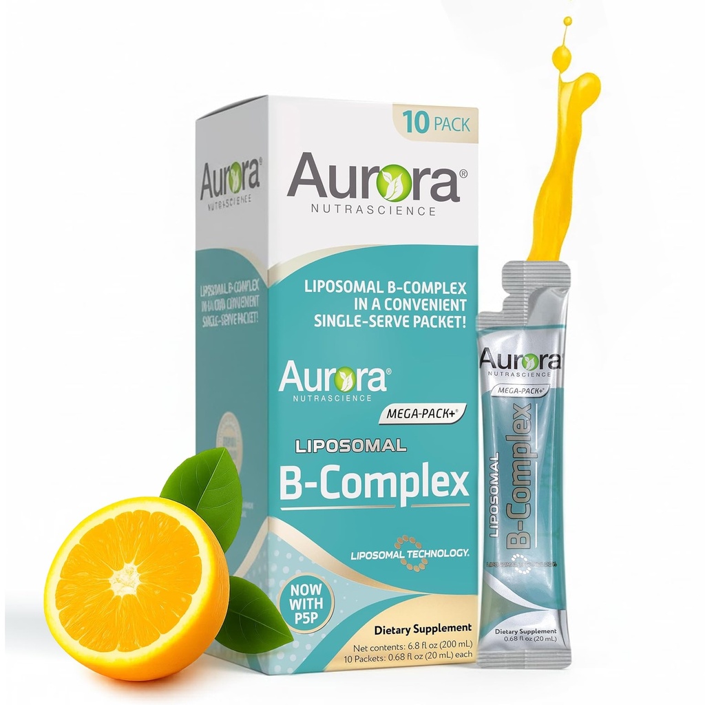 Aurora Nutrascience Mega-Liposomal Bコンプレックス+ビタミンC、エネルギー、免疫&神経系の健康、グルテンフリー、非GMO、砂糖フリー、オレンジ風味、10シングルセルベット