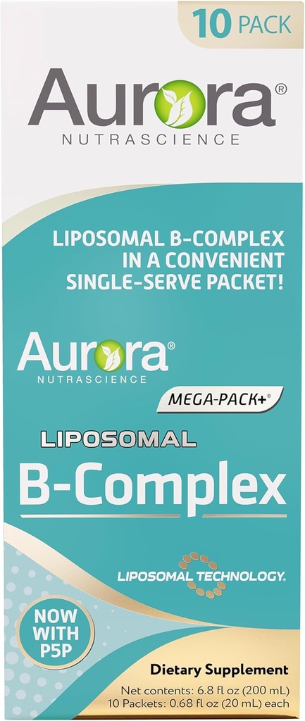 Aurora Nutrascience Mega-Liposomal Bコンプレックス+ビタミンC、エネルギー、免疫&神経系の健康、グルテンフリー、非GMO、砂糖フリー、オレンジ風味、10シングルセルベット