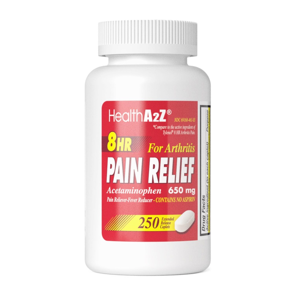 HealthA2Z® 痛みの軽減の延長解放 | アセトアミノフェン 650mg | 8時間 | 関節炎の痛み | 痛みの軽減剤 | フィーバーの減力剤 | アスピリンを含まない | (250 カプレット)