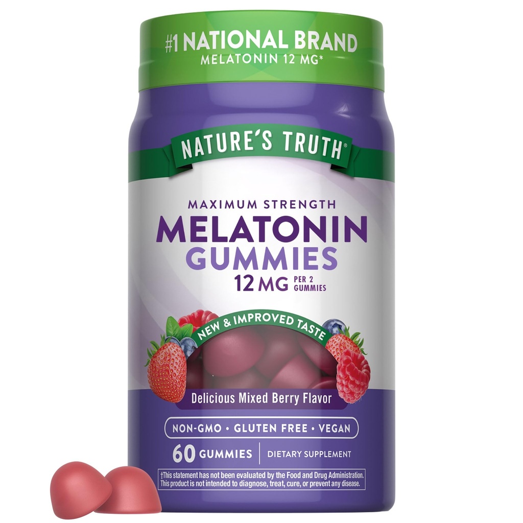 Nature's Truth Melatonin Gummies | 12mg | ミックスベリーフレーバー | ヴィーガン・非GMO・グルテンフリーサプリメント
