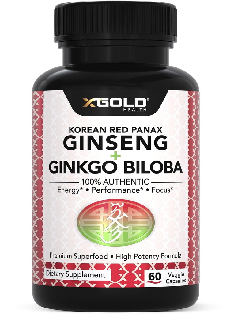 韓国の赤のPanaxのGinseng 1200mg + GinkgoのBiloba - 余分強さの根のエキスの粉の補足w/highのGinsenosidesはエネルギー、性能及び焦点のためのVeganのカプセルを-人及び女性のための補足します