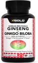 Korean Red Panax Ginseng 1200mg + Ginkgo Biloba - Extra Strength Root Extract Powder Supplement w/High Ginsenosides Vegan Capsules for Energy, Performance & Focus - Supplement for Men & Women