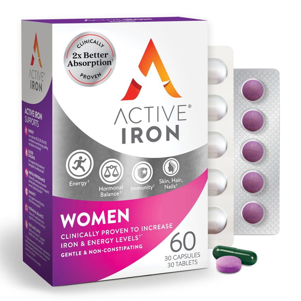 アクティブアイアンサプリメント25mg + 女性のためのマルチビタミン - 臨床的にエネルギーを増加し、疲労を軽減する可能性 - 穏やかな、非便秘鉄+女性のマルチビタミン - 30カプセル+ 30錠