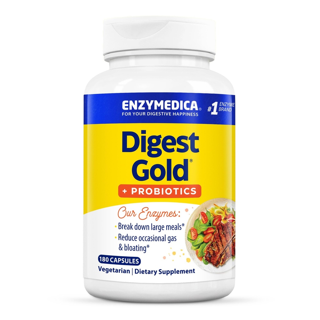 Enzymedica ダイジェスト ゴールド + プロバイオティクス, 2-in-1 腸の健康のためのフォーミュラ, 消化酵素 & 1 億能動態プロバイオティクス文化, 180 カウント (FFP)
