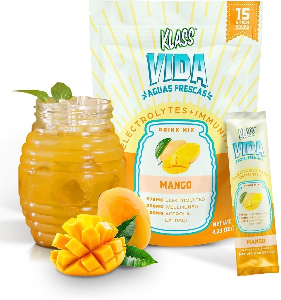 水分補給+免疫電解液ドリンクミックス – マンゴー・アグア・フレスカ・フレーバー | Wellmune®、Acerola、ココナッツ・ウォーター&ミネラル入りシュガーフリーパウダー | 15 シングル・サーブ・スティック・パック、ナチュラル・フレーバー
