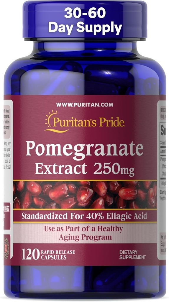 Puritan's Pride Premium Pomegranate Extract 250mg、抗酸化健康と健康的な老化プログラムのための栄養補助食品、40% Ellagic acid、120 Rapid Release Capsule(パッケージ5月Vary)