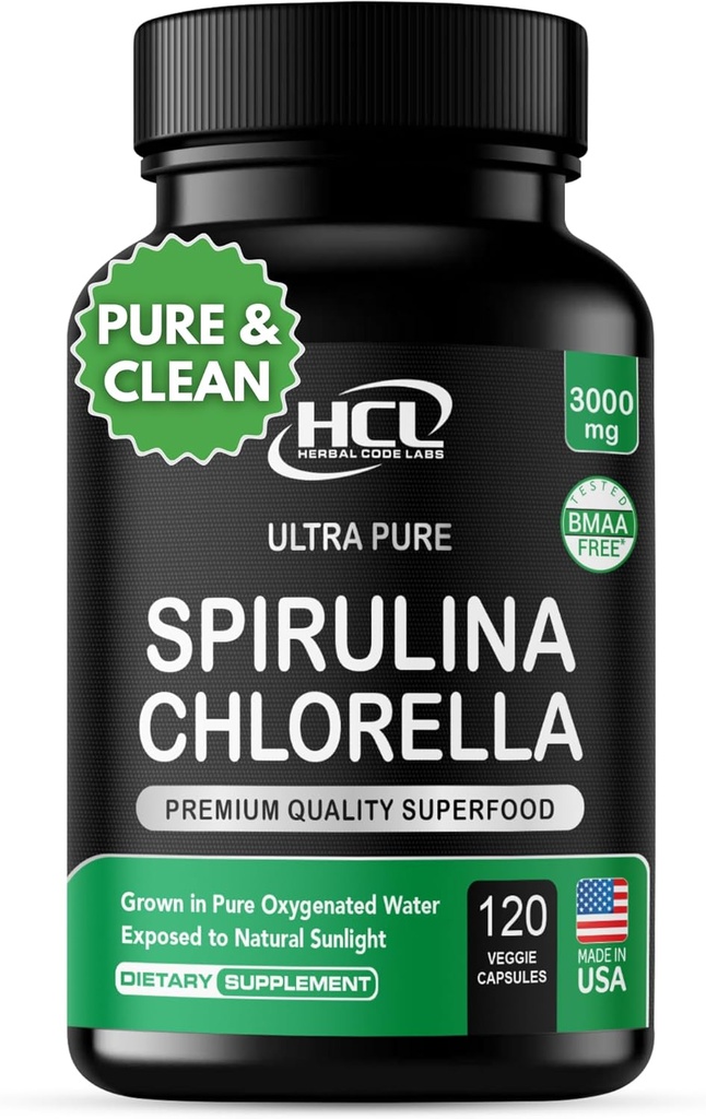 Chlorella Spirulina パウダー カプセル 3000 BMAA 無料のピュアストブルーグリーン Algae - ベスト ナチュラル デトックス 未加工ビーガン ビタミン タンパク質 グリーン スーパーフード - アメリカ製