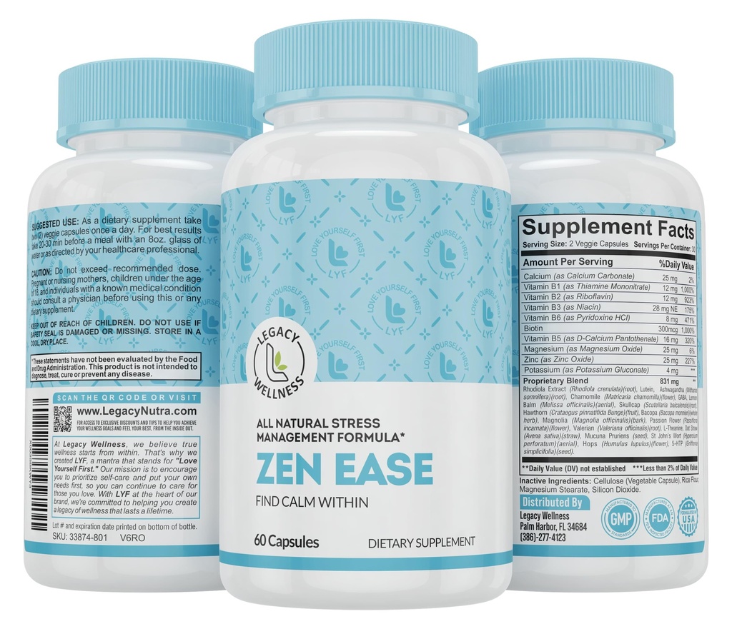 Legacy Wellness ZEN EASE Calm Mind Supplement - Natural Vegan Formula - 5-HTP, Ashwagandha, St. John's Wort, L-Theanine, Magnesium, B-Vitamins - Capsules To Promote A Good Feeling of Peace