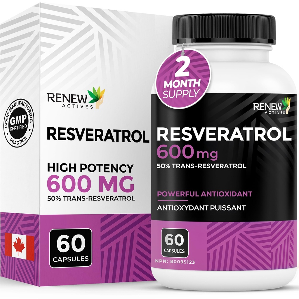 更新 アクティブレスベラトロールサプリメント 600 mg/サービング - 高周波抗酸化複合体 50% トランスレスベラトロール – セルラー健康をサポート & 長寿 - カナダ製 – 60 ビーガンカプセル