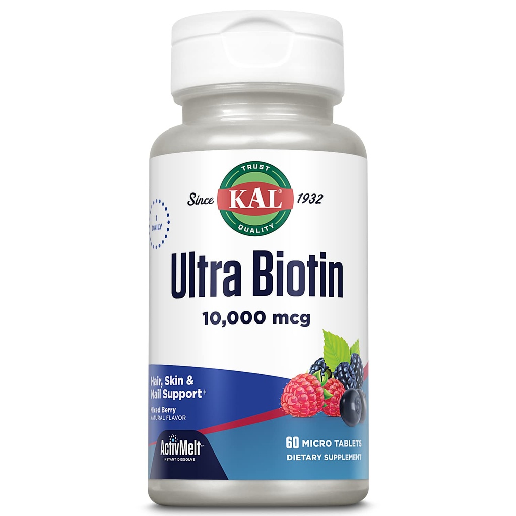 KAL超Biotin 10000mcg ActivMelt、毛の成長の補足、健康な毛、皮、釘およびエネルギー サポートのための高い効力のビタミンB7、菜食主義者、自然な混合された果実味、60のサーブ、60マイクロ タブレット