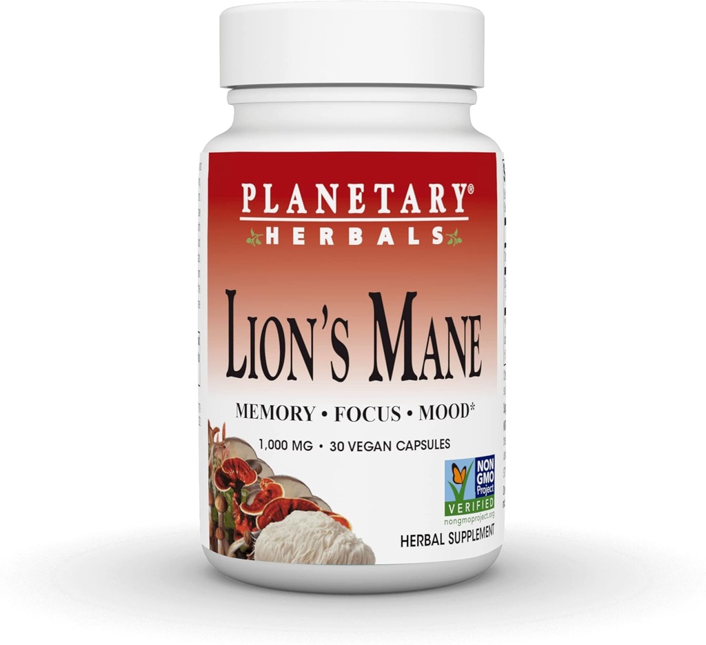 Planetary Herbals Lion's Mane, for Memory, Focus, and Mood*, 1,000 mg - 30 Vegan Capsules