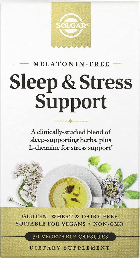 Solgar Sleep & Stress Support, 野菜カプセル, Melatonin Free, Helps Relax, Calm You, Fall Asleep すぐに, Valerian, Passionflower, Hops, Non-GMO, 15 サービング, 30 カウント