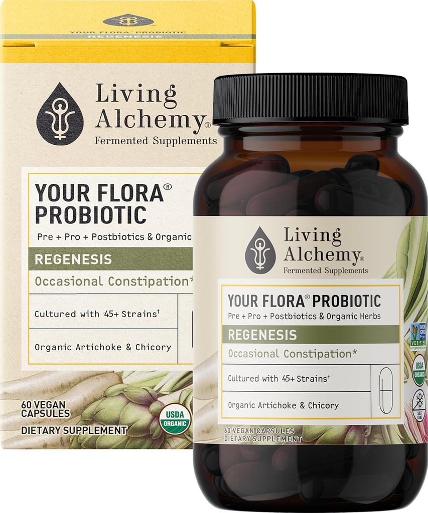 あなたのFlora Probiotic Regenesis - 発酵大豆、アーティチョーク、および腸のサポートのためのシックな非GMOプロバイオティクス - プレバイオティクス、ポストバイオティクス、消化酵素 - リビング錬金術、60 PC