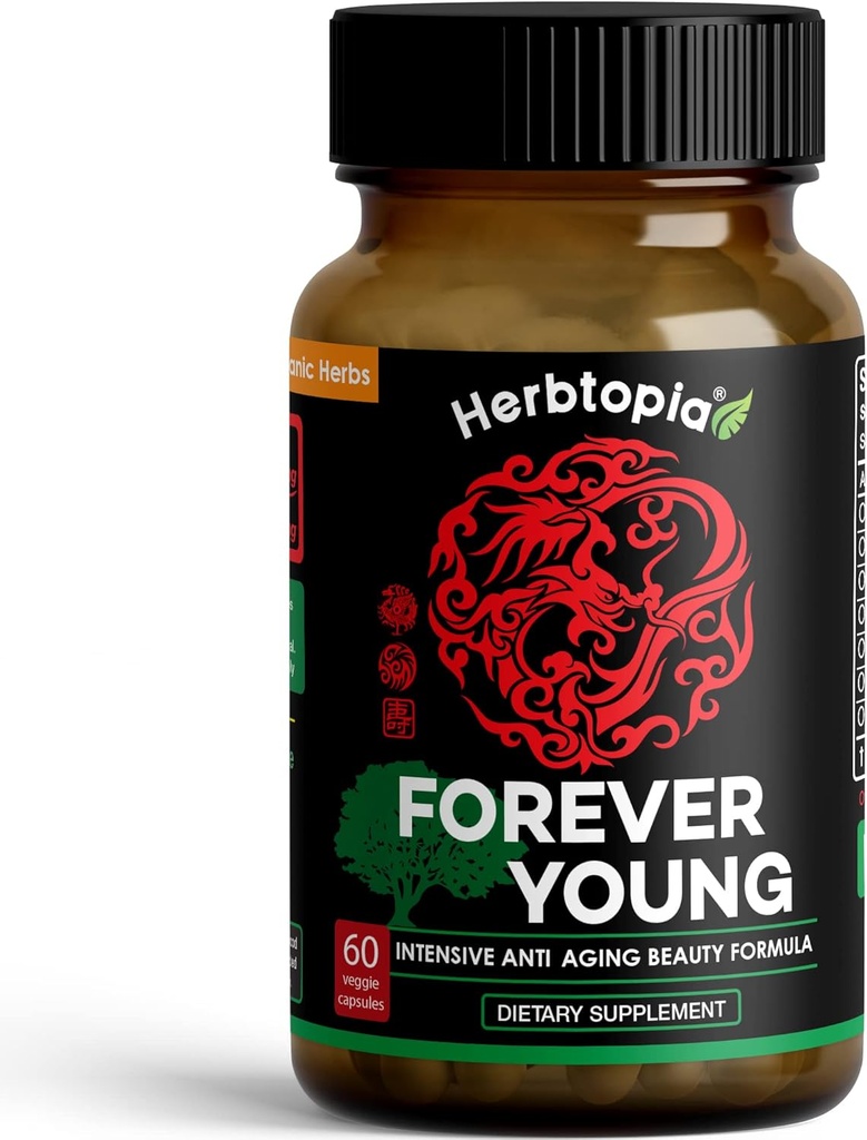 Forever Young Longevity Supplement for Immunity, Anti Gray Hair, Telomere Lengthening & Happy Mood w/Ginseng, Astragalus, Lions Mane, Reishi Mushroom, Codonopsis | Organic - 60 Caps