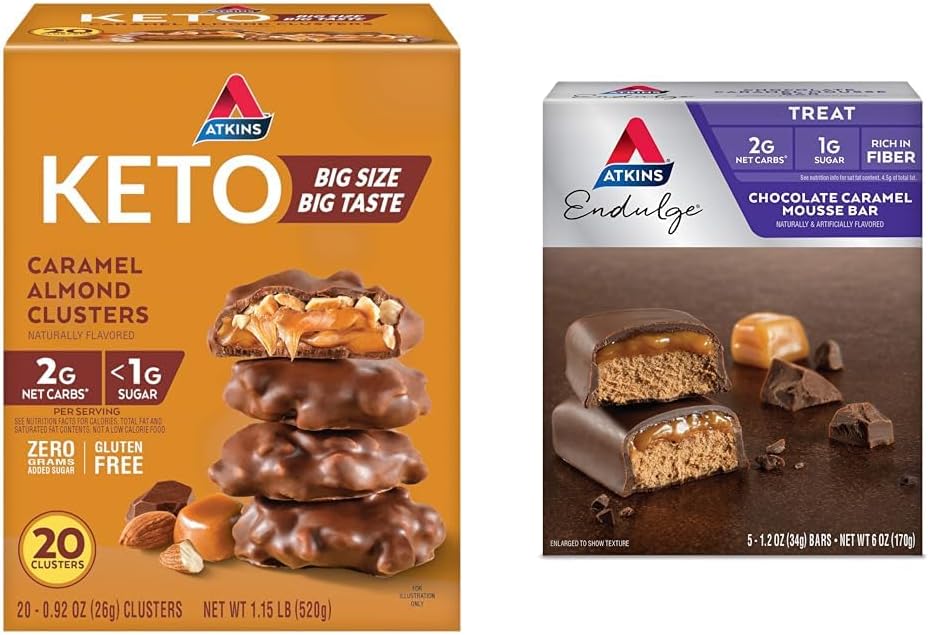 AtkinsのCaramelのアーモンドのクラスター、Glutenは繊維、1gの砂糖、2g純Carb、Ketoの友好的、20の計算及びEndulgeのチョコレートCaramelのムース棒、デザートの好み、1g砂糖、繊維で高い、5の計算で