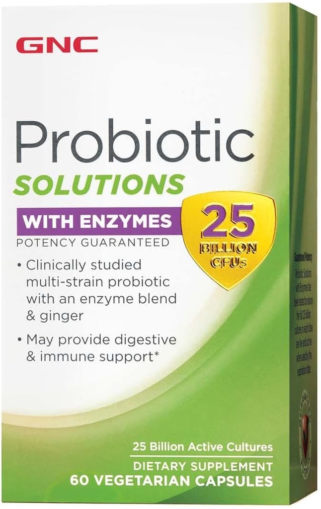 GNC の酵素とプロバイオティック ソリューション, 消化と免疫のサポートを提供します。, 25 億 CFUs, 60 ベジタリアン カプセル, 60 サービング