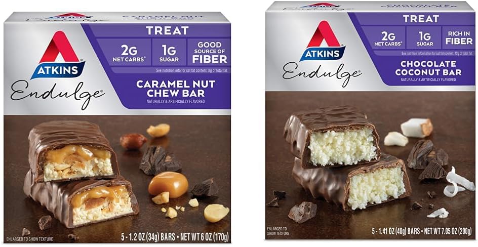 Atkins Endulge Caramel Nut Chew & Chocolate Coconut Bars, 1g Sugar, 5 Count
