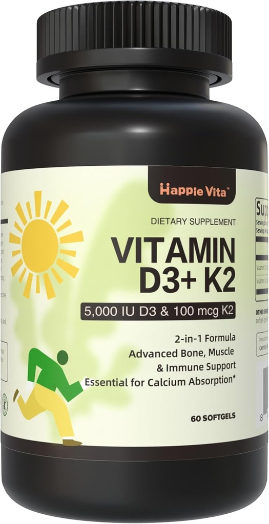 ビタミンD3 K2、ビタミンD3 5000 IU (125 mcg) +ビタミンK2 100 mcg、骨、歯、筋肉および免疫の健康サポート、60 Softgelsのための1 D3およびK2補足の2