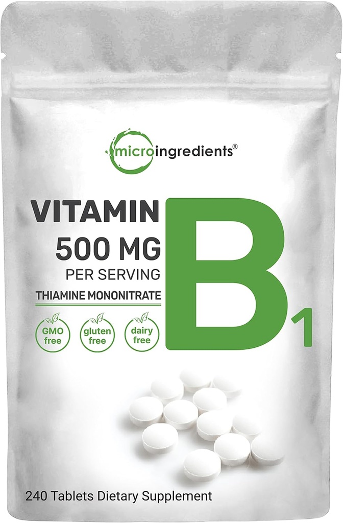 マイクロ成分ビタミンB1 500mg/サービング、240錠 | ビタミンB1チアミンサプリメント、エッセンシャルBビタミン | メタボリズムとヘルシーな神経系をサポート | 非GMO、飲みやすい