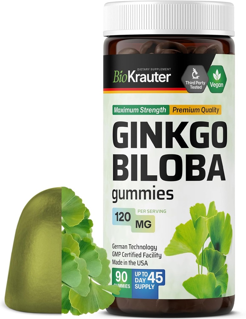 BIO KRAUTER Ginkgo Biloba Gummies - 90 ビーガンChews - Ginkgo Biloba サプリメント for Brain サポート - 120 mg 標準化エキス - Pectin ベースのフォーミュラ