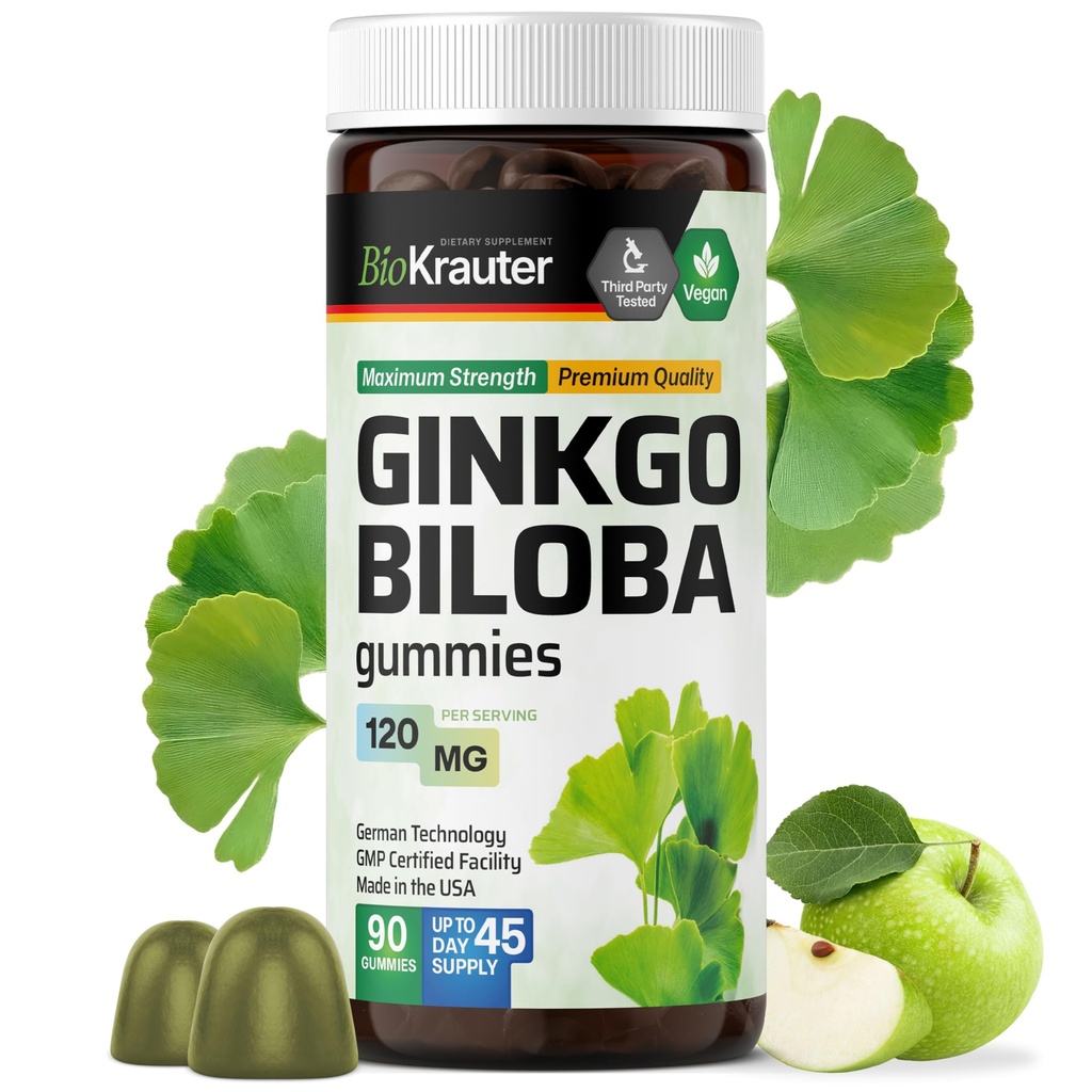 BIO KRAUTER Ginkgo Biloba Gummies - 90 ビーガンChews - Ginkgo Biloba サプリメント for Brain サポート - 120 mg 標準化エキス - Pectin ベースのフォーミュラ