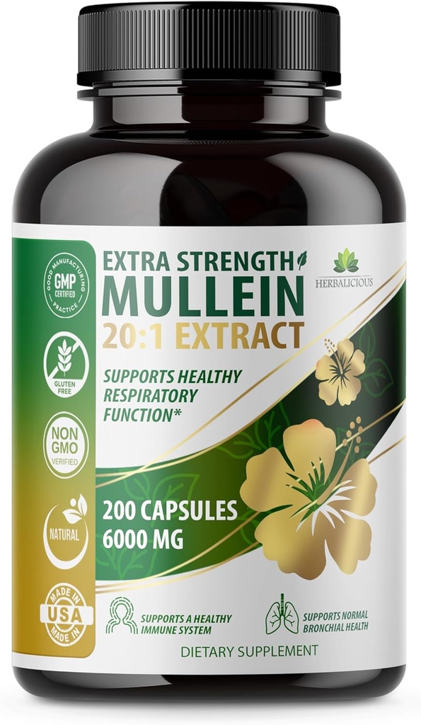 HERBALICIOUS Mulleinの葉のエキスVerbascumのタプサス20:1-200のカプセル-自然なLung Detoxの草の補足-サポート呼吸器及び免疫の健康、肺のクレンジング