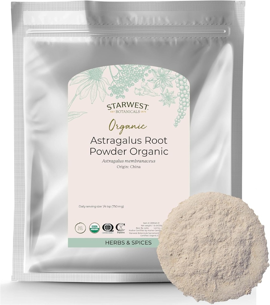 Starwest Botanicals Organic Astragalus Root Powder - 乾燥ハーブティー、自然免疫サポート、ウェルネス、認定コーシャ、非GMOバルク1ポンドバッグを促進