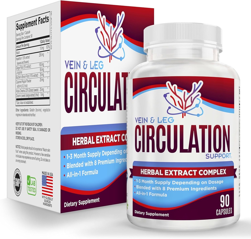静脈と脚の循環サプリメント(オールインワン)8つの有効成分による健康サポート | 血循環ブースターフォーミュラ | 脚&静脈サプリメント | 1-月サプライ | 90カプセル