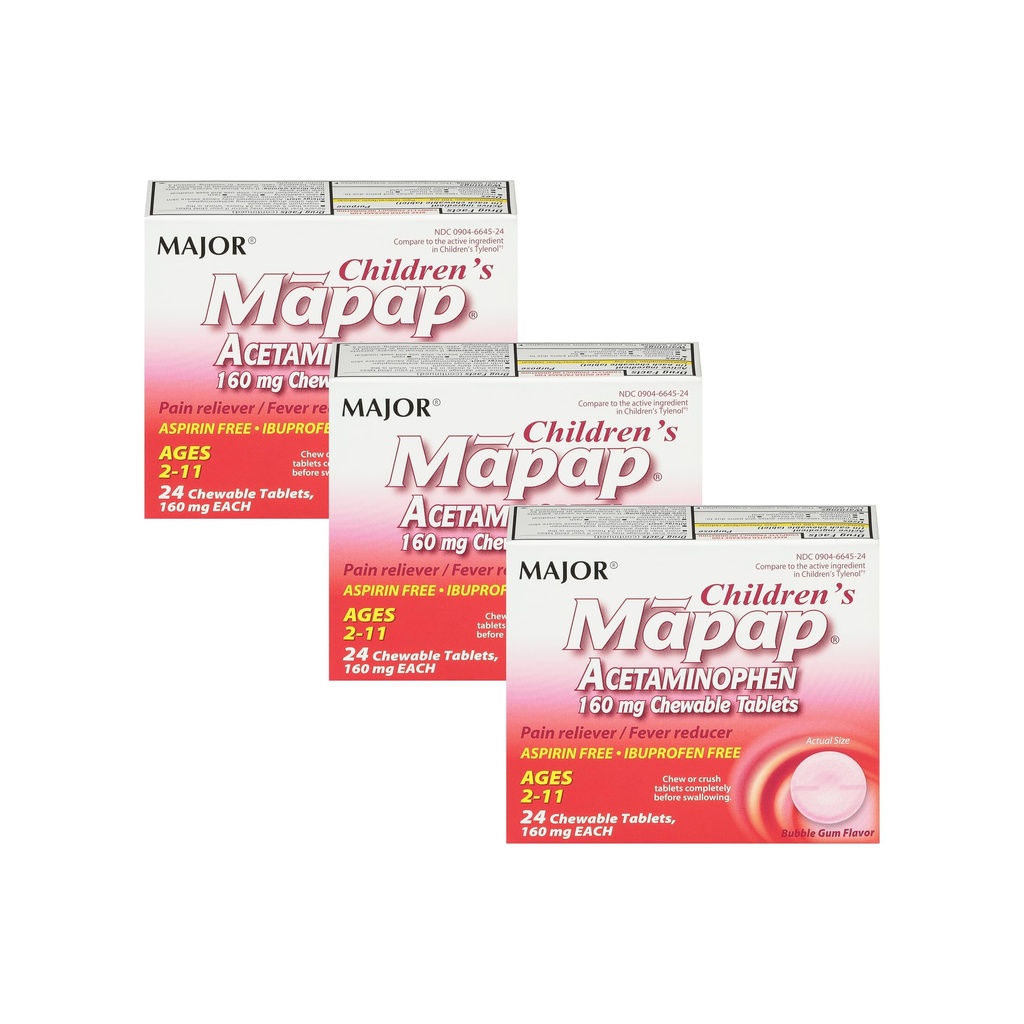 MAJORの子供のMapapのアセトアミノフェン160のmgのChewableタブレット-痛みのReliever/Feverの減力剤-アスピリンは放します-年齢のための2から11-24の計算(3パック)
