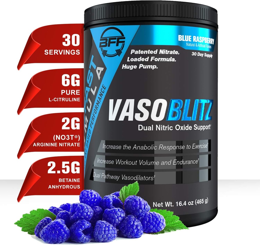 VASOBLITZ賞、NO3T Arginine Nitrate、L-Citrulline、Betaine Anhydrous、Calcium Lactate、Caffeine Free for Muscular Endurance(30サービング) (Blue Raspberry)