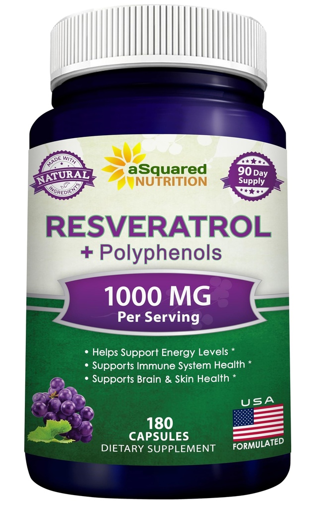 赤いワインのエキスが付いている aSquared 栄養の自然な Resveratrol - 180 のカプセル-純粋な中心の健康のためのトランス レスベラトロールの酸化防止補足の丸薬-余分強さのトランス レスベラトロール