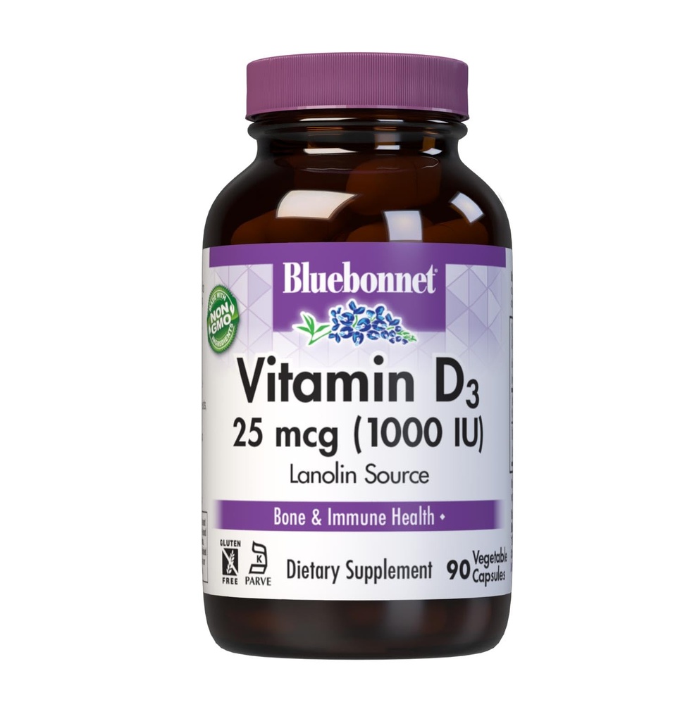 BlueBonnet栄養ビタミンD3 1000 IU、筋肉と骨格成長の補助、Lanoolin、非GMO、グルテンフリー、大豆フリー、ミルクフリー、コシャ、90野菜カプセル、白