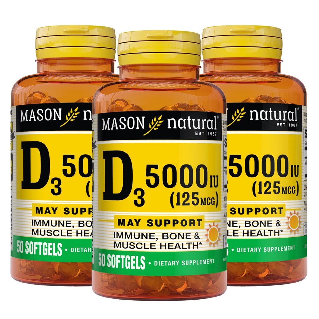 MASON NATURALビタミンD3 125 mcg(5000 IU) - 全体的な健康をサポートし、魚の肝臓油、50 Softgels(3)から骨と筋肉を強化します