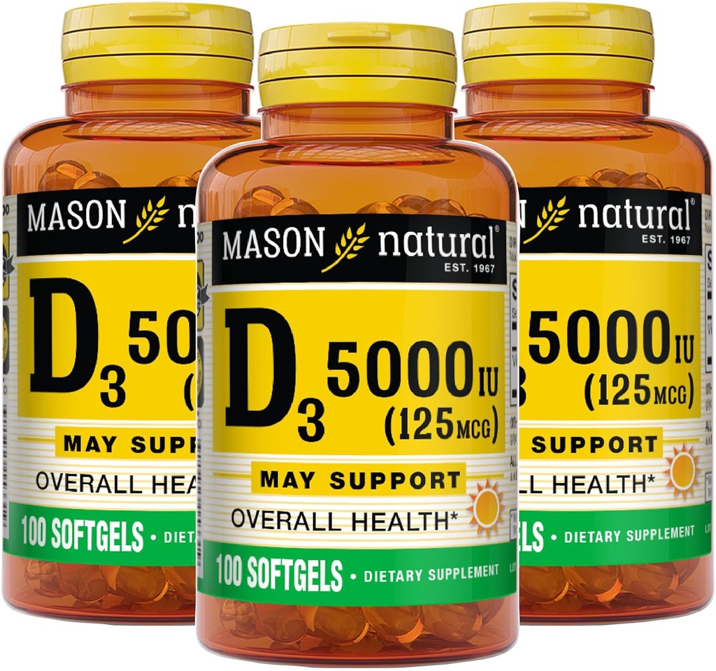 MASON NATURALビタミンD3 125 mcg(5000 IU) - 全体的な健康をサポートし、魚の肝臓油、50 Softgels(3)から骨と筋肉を強化します