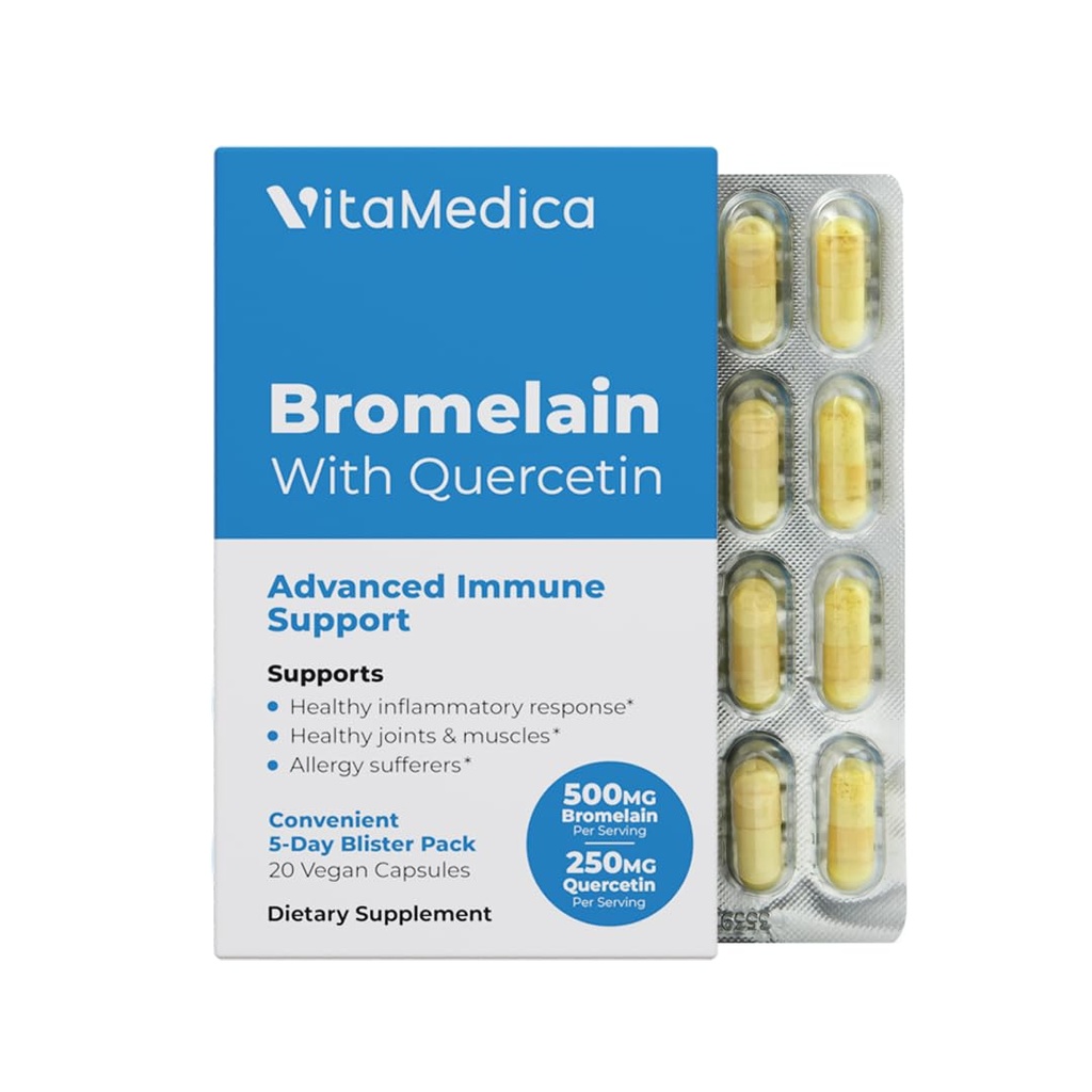 VitaMedica Bromelain & Quercetin サプリメント - 500mg Bromelain 250mg Quercetin - 2400 GDU 免疫、共同サポート、炎症と筋肉の回復 - 20 ビーガンカプセル - 5 日の供給