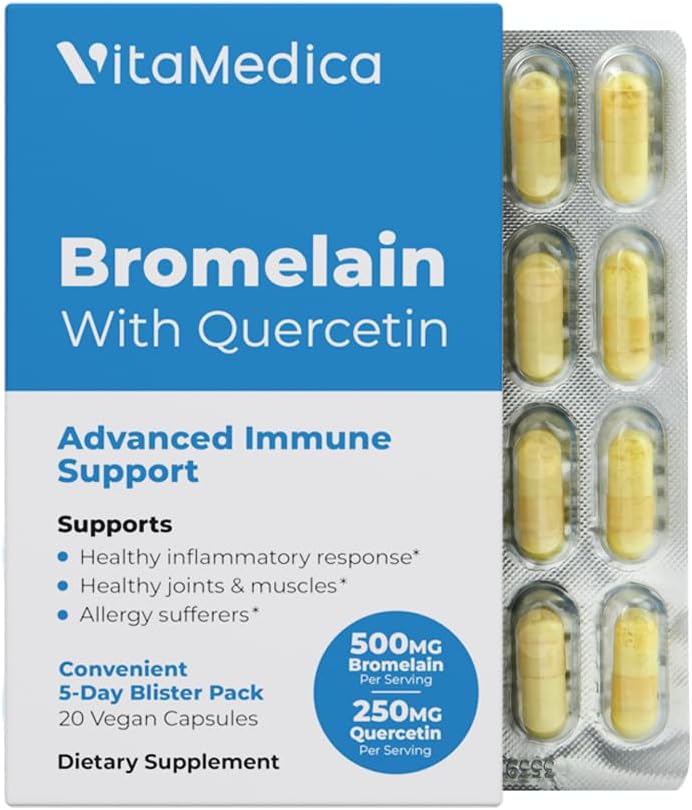 VitaMedica Bromelain & Quercetin サプリメント - 500mg Bromelain 250mg Quercetin - 2400 GDU 免疫、共同サポート、炎症と筋肉の回復 - 20 ビーガンカプセル - 5 日の供給